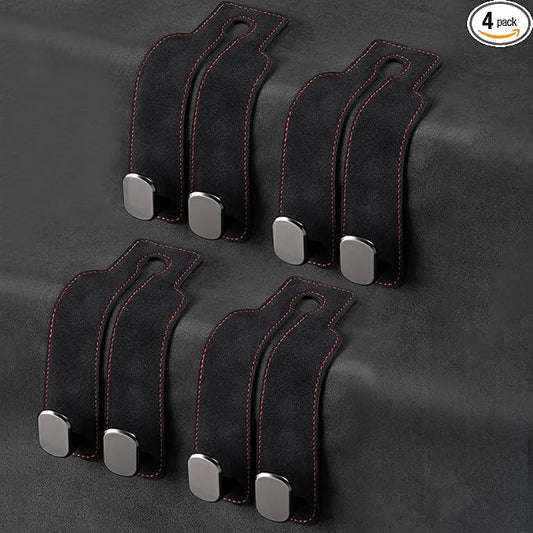 4 Pack Car Seat Back Storage Hooks - Premium Leather Seat Holder for Headrest Purses and Bags (Black)