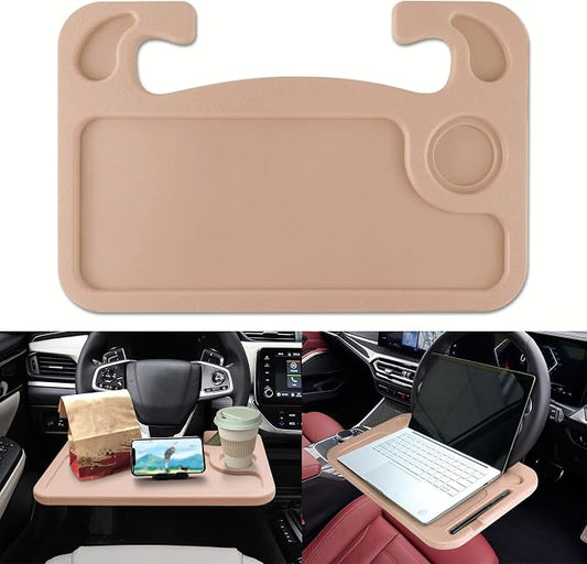 2 in 1 Car Steering Wheel Desk, Car Tray, Car Steering Wheel Desk Tray & Auto Seat Gap Filler Organizer, Multipurpose Travel Auto Steering Wheel Under Table Console for Most Vehicles (Beige)