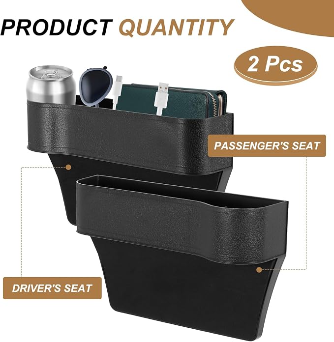 HARFINGTON 2pcs Car Seat Gap Filler Organizer 10.2 x 6.5 x 2.4 Inch ABS Universal Car Organizer Storage Box Between Seat and Console (Left+Right) with Cup Holders for Phone Keys, Black