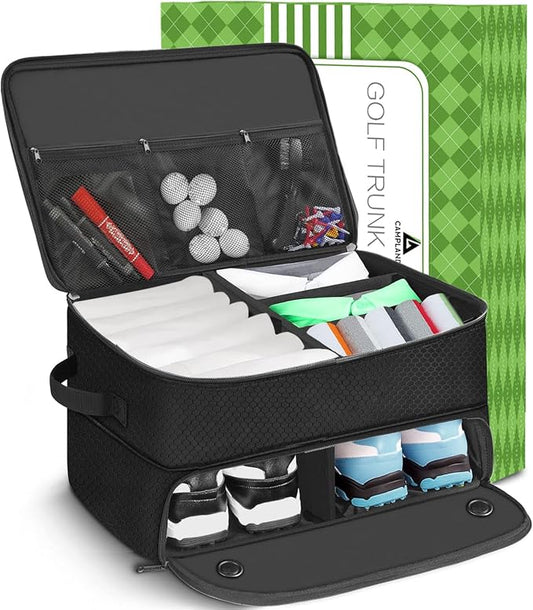 CAMPLAND 2 Layer Golf Bag, Waterproof Golf Locker for 2 Pair Shoes, Durable Golf Trunk Storage for Balls, Tees, Clothes, Gloves, Accessories, Golf Gifts