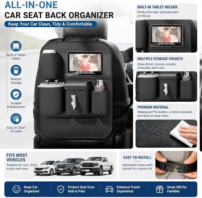 XDV Car Seat Organizers,Multi-functional Back Seat Protectors, Storage Pouches Kick Mats,Child kicking prevention and Tray Holders Tissue Box(for Cars, Kids, Seat Back and Rear Seats) (2, Black)