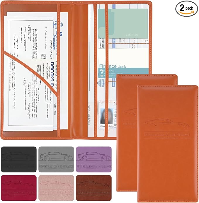 JUSTTOP 2Pack Car Registration and Insurance Holder,Car Document Holder for Cards License with Magnetic Shut,Vehicle Glove Box Car Organizer for Documents, Cards, License(Orange)