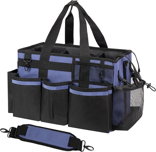 SCAVATA Wearable Cleaning Caddy, Cleaning Caddy Supplies Organizer with Handle & Shoulder Straps for Housekeepers, Under Sink & Car Cleaning Tool Organizers Bag with 4 Foldable Divider (CeruleanBlue)