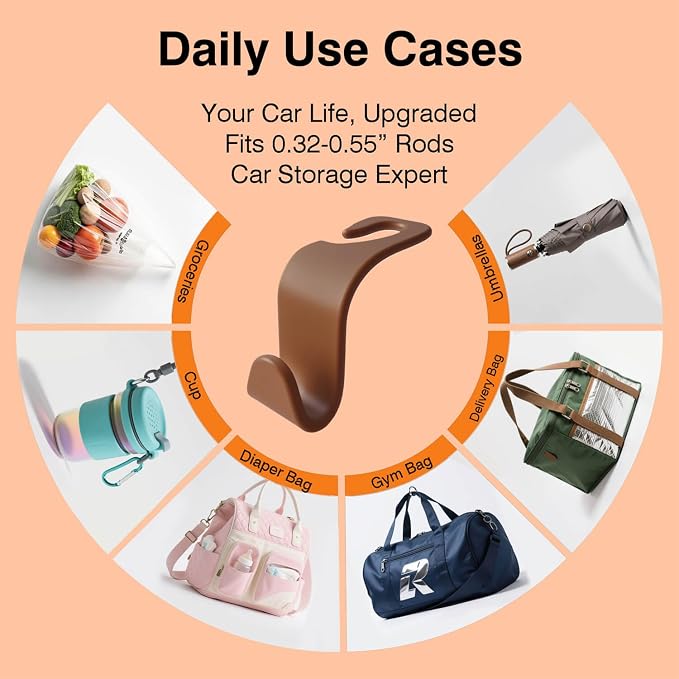 Car Seat Hooks & Purse Holder - 4 Pack Boxed,55 lb Heavy Duty,Eco PP Car Hooks for Purse/Bag/Baby Gear/Gym Bag/Groceries/Cup/,Fits 0.32-0.55”Car Headrest Rods (Brown)