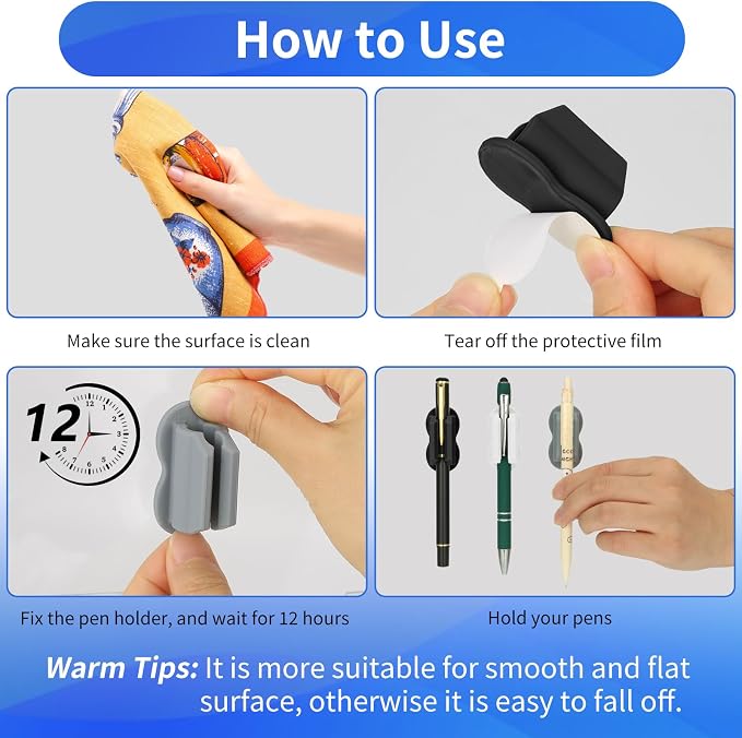 Biottro 12PCS Adhesive Pen Holder Pencil Holder for Desk Wall Clipboard Notebook Car Silicone Marker Holder for Whiteboard Desk Organizer Teacher Supplies Office Supplies (12PCS Multicolor)