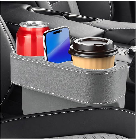 Car Cup Holder Gap Filler Organizer, Multifunctional Car Console Side Organizer with 2 Cup Holders, Leather Seat Gap Filler Portable Drink Holders Storage Box for Most Vehicles (Gray)