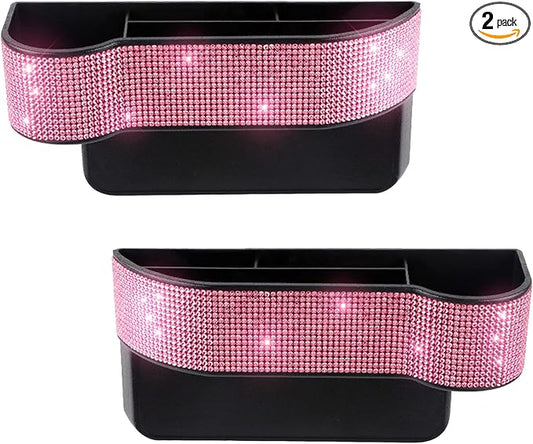 Bling Bling Car Seat Organizer Front Seat Gap Filler with Crystal Rhinestones Diamond, PU Leather Car Seat Console Storage Organizer for Car Accessories (2 Pack Pink)