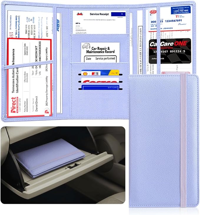 LINTRU Car Registration and Insurance Holder, 12-Pocket Trifold, Glove Box | 3.0mm Reinforced, 16"×9.5" Oversized, Elastic Strap No Magnet, PU Leather, Car Accessories for Men Women