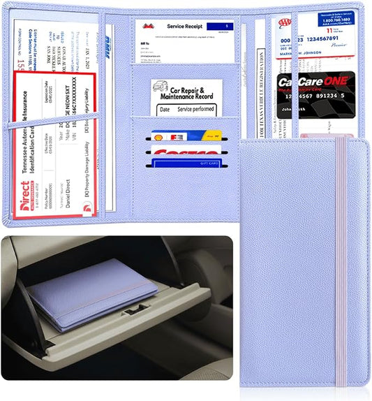 LINTRU Car Registration and Insurance Holder, 12-Pocket Trifold, Glove Box | 3.0mm Reinforced, 16"×9.5" Oversized, Elastic Strap No Magnet, PU Leather, Car Accessories for Men Women