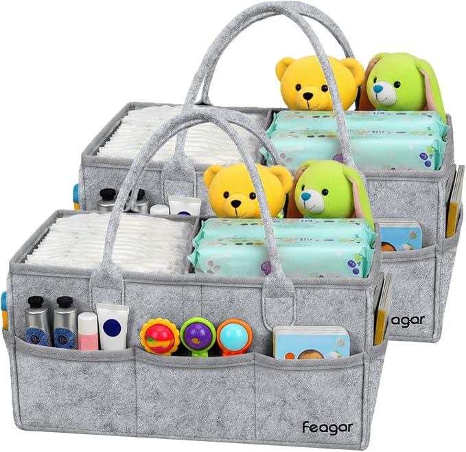 Feagar Baby Diaper Caddy Organizer with Handle, 15 Inch Large 2 Pack Set with 8 Pockets & 2 Dividers, Portable Nursery Storage Basket & Car Organizer for Changing Table, Travel (Grey)