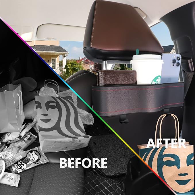 Backseat Car Organizer, Multifunctional Back Seat Car Organizer with Cup Holder and 2 Seat Back Hooks for Snacks, Canned Drinks and Cell Phones