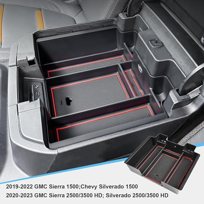 Center Console Organizer Compatible with 2019-2022 Chevy Silverado/Sierra 1500 and 2020-2023 Silverado/Sierra 2500HD 3500HD Accessories Armrest Full Size Tray,Full Console w/Bucket Seats ONLY,Red