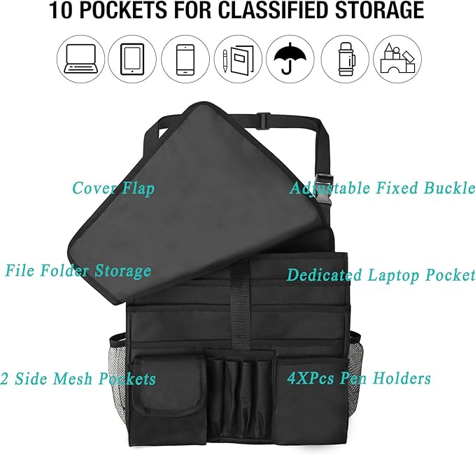 ECWKVN Car Front Seat Organizer with Dedicated Tablet/Laptop Storage, Vehicle Storage Organizer with Cup Holder-Adjustable Strap, Hardened Buckles, Car Seat Organizer Law Enforcement