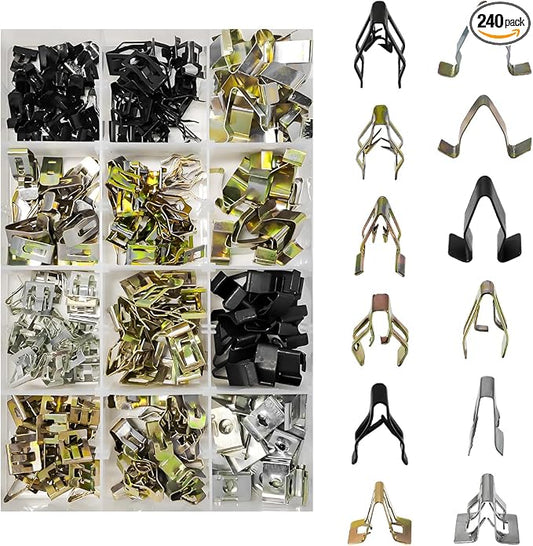 KVAEY 240PCS Car Dashboard Trim Clips, 12 Sizes Metal Dash Panel Retainer Auto Interior Trim Clips Kit, Universal U-Clip Trim Moulding Clip Fasteners Replacement for Most Cars