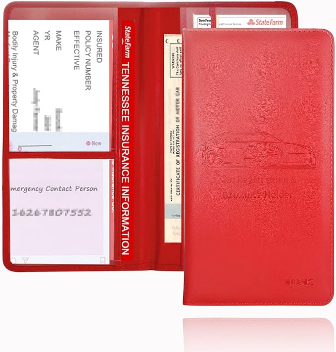 Car Registration and Insurance Card Holder - Leather Vehicle Glove Box Automobile Documents Paperwork Wallet Case Organizer for ID, Driver's License, Key Contact Information Cards