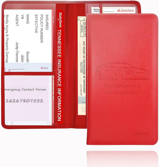 Car Registration and Insurance Card Holder - Leather Vehicle Glove Box Automobile Documents Paperwork Wallet Case Organizer for ID, Driver's License, Key Contact Information Cards