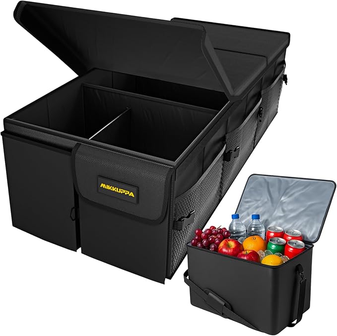 MIKKUPPA Car Trunk Organizer with Cooler - 95L Collapsible Trunk Organizer with Lid, Trunk Storage Organizers for SUV Truck Van with Adjustable Straps and Non Slip Bottom (Black, XX-Large with Cooler)
