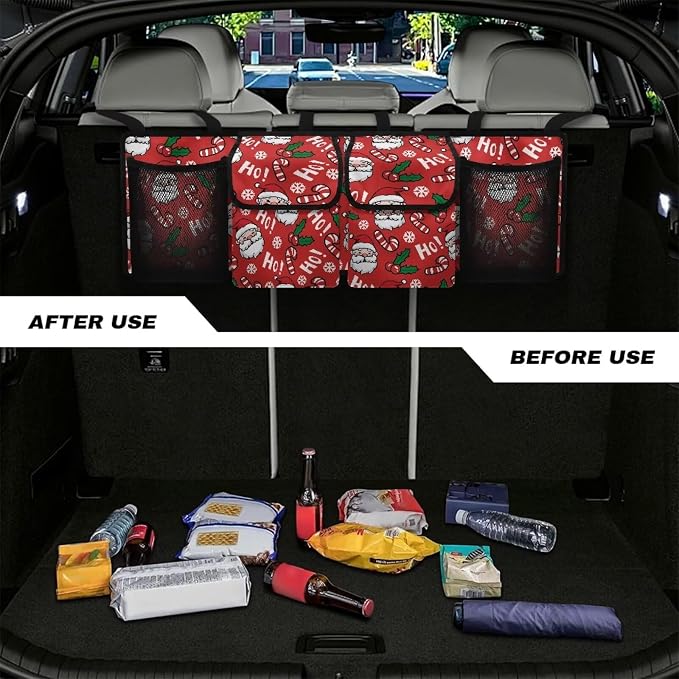 Hanging Car Trunk Organizer Red Christmas Collapsible Car Back Seat Storage Bag Auto Cargo Bags with 4 Large Pockets Universal Automotive Interior Accessories