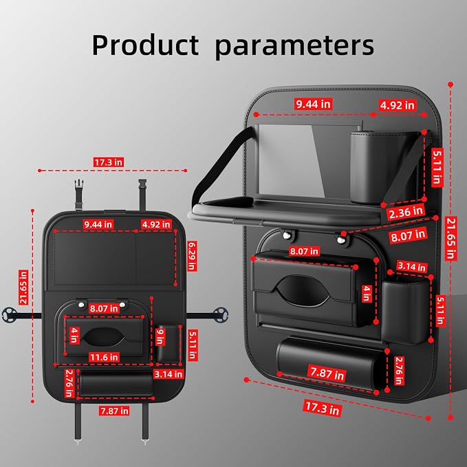 Universal Premium Leather Foldable Car Backseat Organizer with Table Tray, Car Seat Back Protector with Garbage Bag Touch Screen Pad Holder, Car Kick Mats Protector with Tissue Holder (Black)