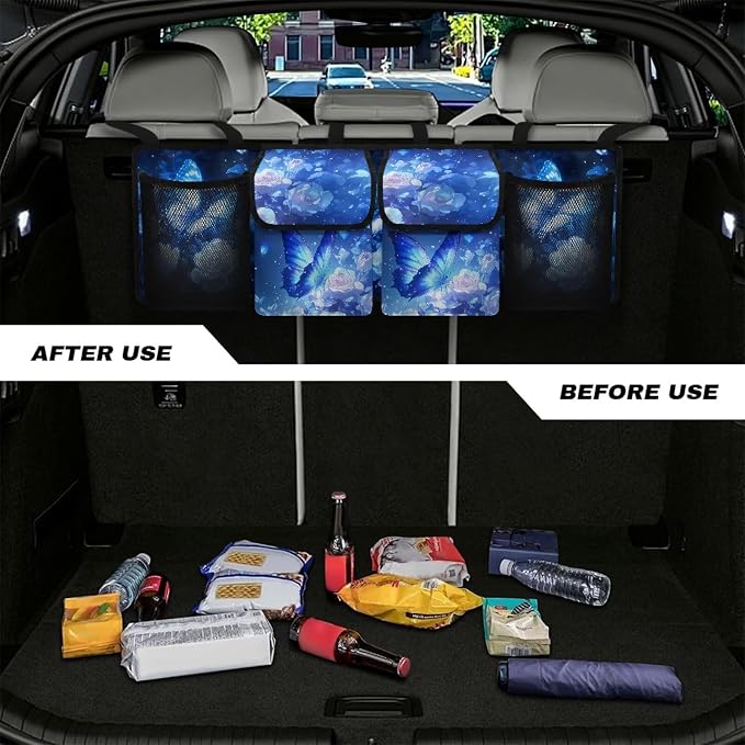 Blue Butterfly Roses Car Backseat Hanging Trunk Organizer for SUV Car Storage Bag with 4 Pockets Multipurpose Adjustable Car Organizer Bag Auto Interior Accessories