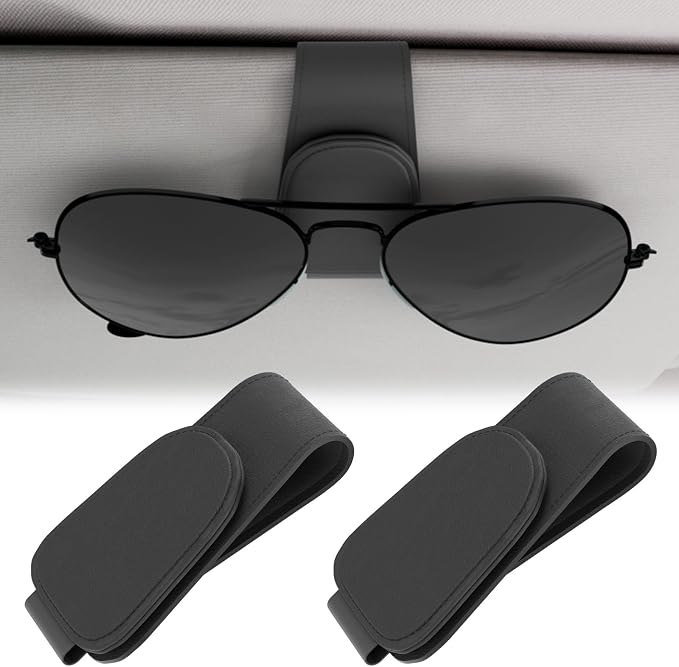 BFXM 2PCS Sunglass Holder for Car, Car Accessories Interior, Leather Clip Magnetic Car Sunglass Holder, Cars Sun Visor Ticket Card Clip, Universal Truck Accessories (Black)