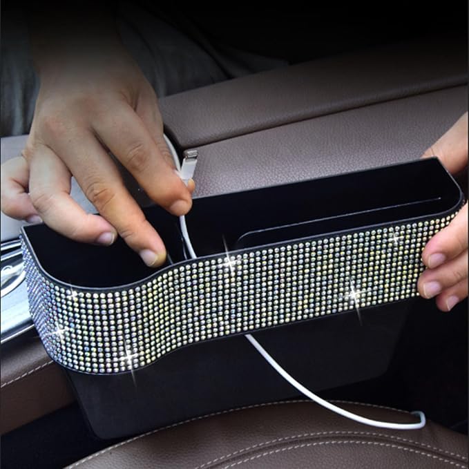 2 Pack Bling Bling Car Seat Organizer Front Seat Gap Filler with Crystal Rhinestones Diamond, PU Leather Car Seat Console Storage Organizer for Car Interior Accessories (2 Pack)