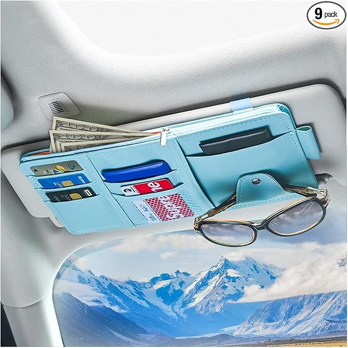 XINLIYA Car Sun Visor Organizer, Leather Storage Pocket Sun Visor Pouch with Zipper for Cards License Registration Pen Glasses Document, Fits Most Car SUV, Auto Interior Accessories (Blue)
