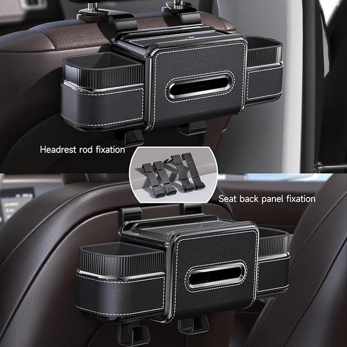 Multifunctional Car Seat Back Organizer Box with Drink Cup Holder, Makeup Mirror, Tissue Box& Hooks for Car Seat Back, New Upgrade Car Headrest Backseat Organizer Suitability for Wife, Girlfriend