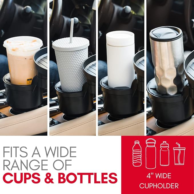 Macally Car Cup Holder Tray and Cup Holder Expander with Phone Slot - Enjoy Your Meal - 9" Car Food Tray Table and Drink Holder for Yeti, Hydroflask, etc.