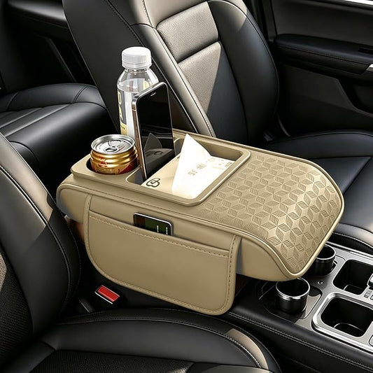 Car Center Console Cover, Auto Car Armrest Cushion 5-in-1 with Cup Holder, Tissue Box Slot, Phone Slot for Vehicle, Car Accessories Interior Storage Organizers (Beige)