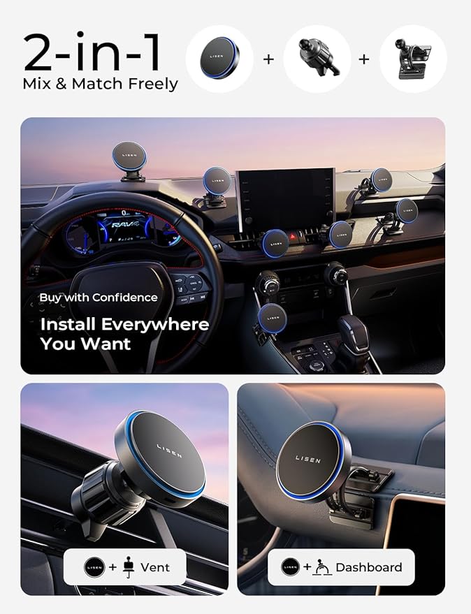 LISEN 15W MagSafe Car Mount Charger,[Light Pink] Magnetic Wireless Car Charger, Dashboard & Air Vent Car Phone Mounts, Magnetic Phone Holder for Car Mount for iPhone 17/16/15/14/13/12, Samsung Pixel | [Light Pink & Purple LED light] Magsafe Car Mount C...