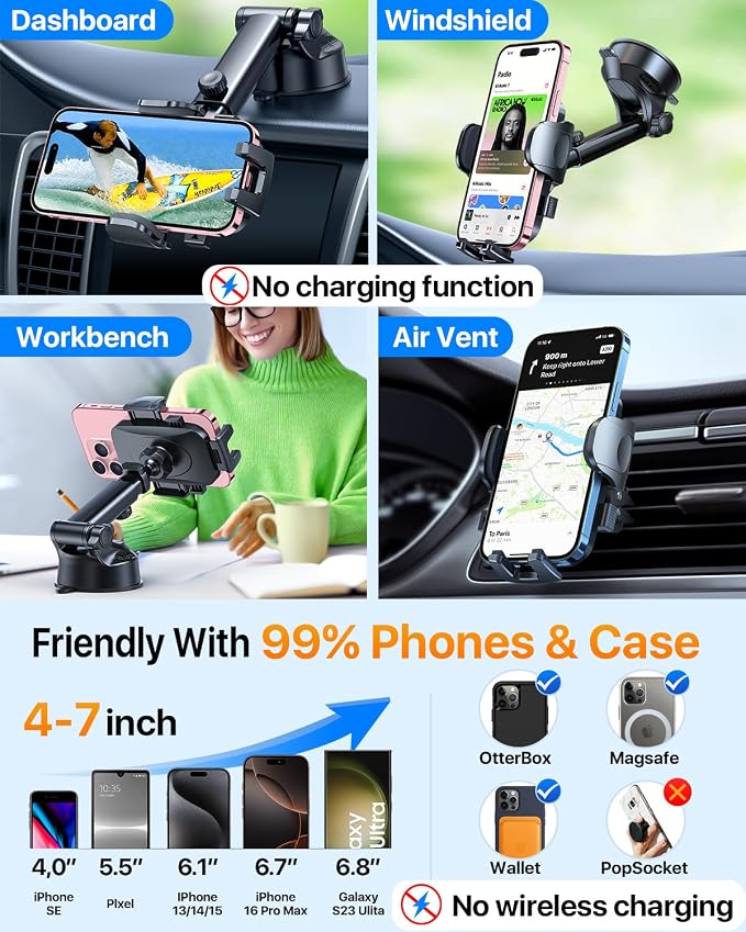 HTU Car Phone Holder【2026 Upgraded 100+LBS Suction & Safety Cert】 Cell Phone Car Mount for Truck Heavy Duty Phone Holder for Dashboard/Windshield/Vent for iPhone 17 16 Pro Max, Sapphire Blue