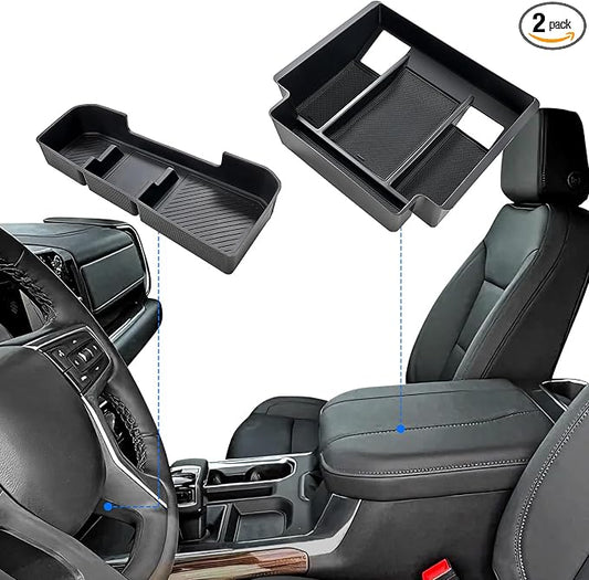 ELECFRESH 2PCS Center Console Organizer tray and Armrest Storage for 2023-2026 Chevy Silverado/GMC Sierra 1500 Accessories, 2024-2026 Silverado/Sierra 2500HD 3500HD(Only Fit Console with Bucket Seat)