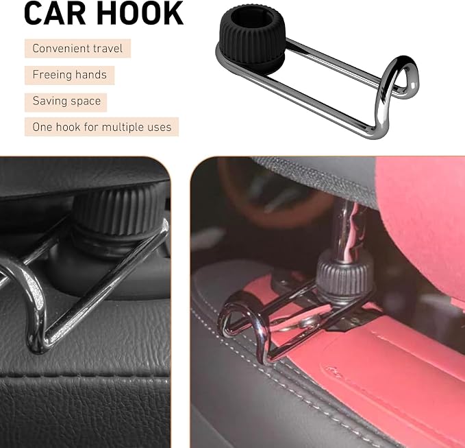 2 PCS Car Headrest Hooks, 10 KG Load Bearing Anti-slip Hanging Hanger, Rotatable Hidden Storage Hook, Universal Multifunction Seat Back Organizer for 0.47" - 0.59" Tube Diameter (Black)