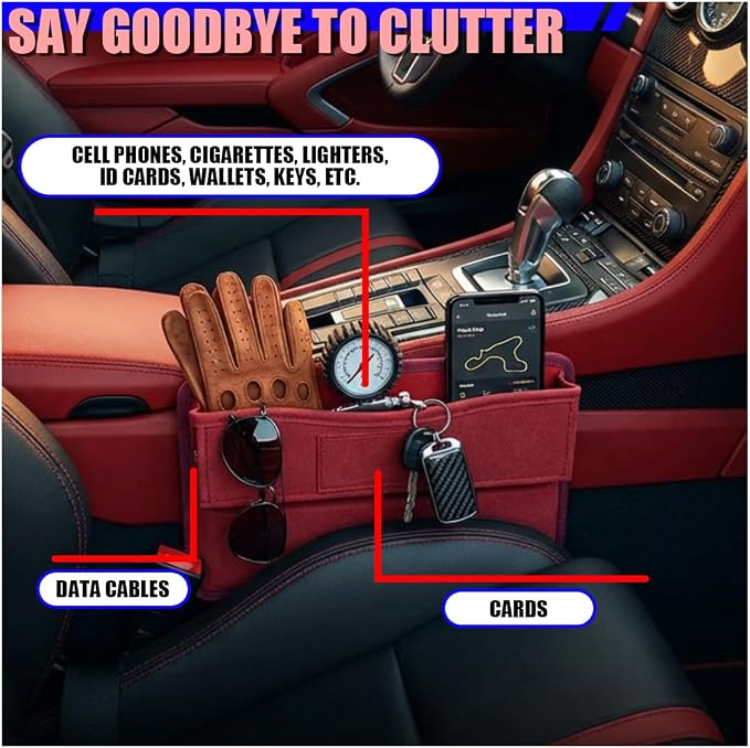 Car Seat Gap Filler, Anti-Drop Automotive Front Seats Gap Storage Box for Phone, Glasses, Key, Card, Universal Vehicle Interior Organizer Accessories for Car, SUV, Truck (Red)