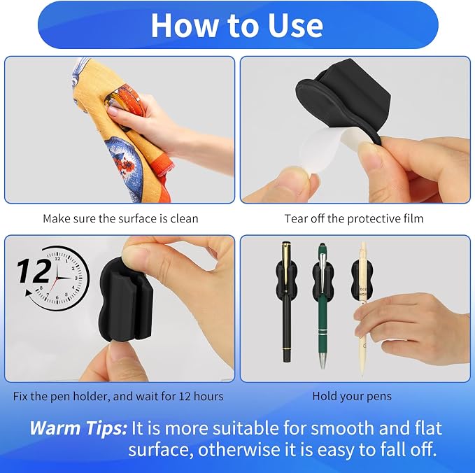 Adhesive Pen Holder Pencil Holder for Desk Wall Clipboard Notebook Car 12PCS Dry Erase Marker Holder for Whiteboard Fridge Office Accessories Teacher Supplies Classroom Must Haves (12PCS Black)