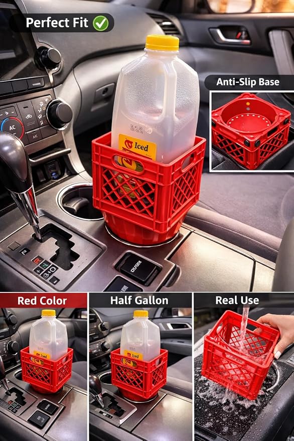 Half Gallon Car Cup Holder Expander,Classic Milk Crate Style Adapter for Square Cartons, Milk Carton Cup Holder Secure Anti-Spill Insert for Juice,Heavy Duty Interior Organizer for SUV&Trucks (red)