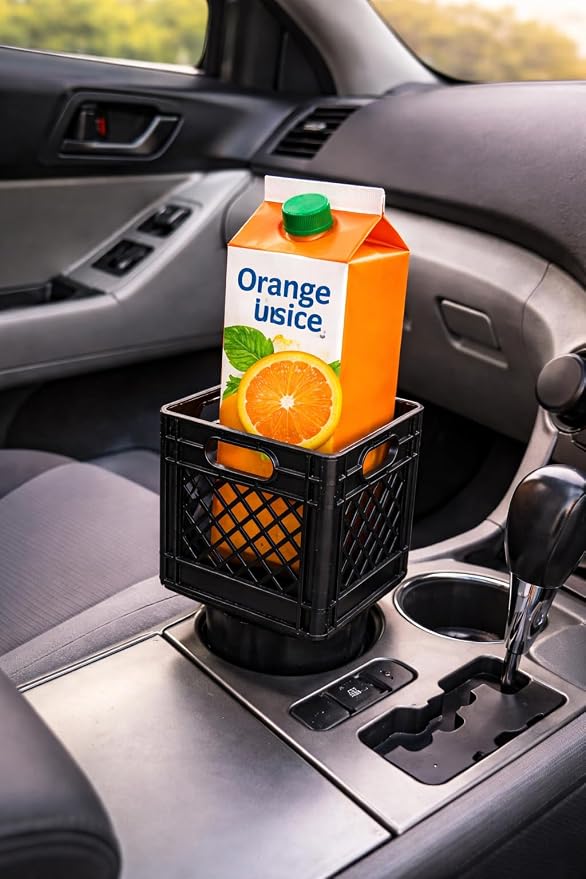 Half Gallon Car Cup Holder Expander,Classic Milk Crate Style Adapter for Square Cartons, Milk Carton Cup Holder Secure Anti-Spill Insert for Juice,Heavy Duty Interior Organizer for SUV&Trucks (Black)