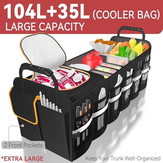 sevgili XL Heavy-Duty Trunk Organizer – Reinforced SUV & Truck Cargo Storage with 6 Adjustable Compartments, Trunk Organizer with Cooler, collapsible Large Trunk Organizer for Car with Cover