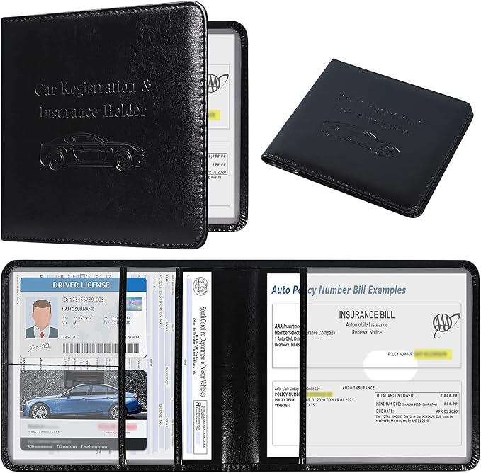DMLuna Car Registration and Insurance Holder, Folio Leather Vehicle Card Document Glove Box Organizer, Auto Truck Compartment Accessories for Essential Information, Driver License Cards, Black