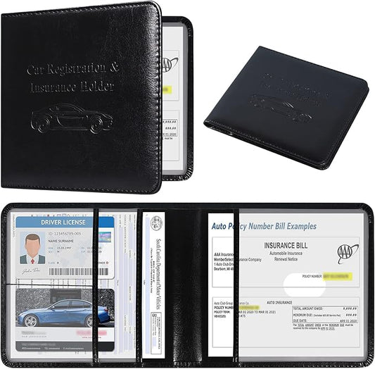 DMLuna Car Registration and Insurance Holder, Folio Leather Vehicle Card Document Glove Box Organizer, Auto Truck Compartment Accessories for Essential Information, Driver License Cards, Black