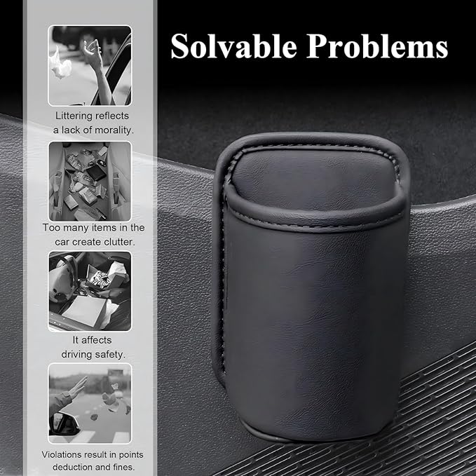 Car Cup Holder, Waterproof Leather Car Door Cup Holder, Clip-On Back Seat Storage Bag & Trash Can, Universal Hanging Drink & Phone Organizer Pocket for Most Cars (Black)
