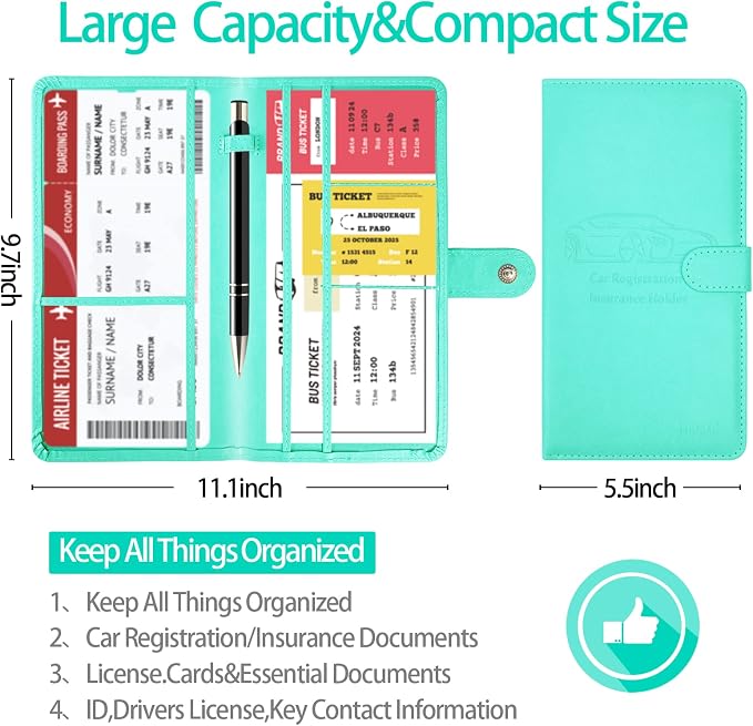 Car Registration and Insurance Card Holder with Magnetic Closure, Leather Vehicle Glove Box Automobile Documents Paperwork Wallet Case Organizer for ID, Driver's License, Key Contact Information Cards