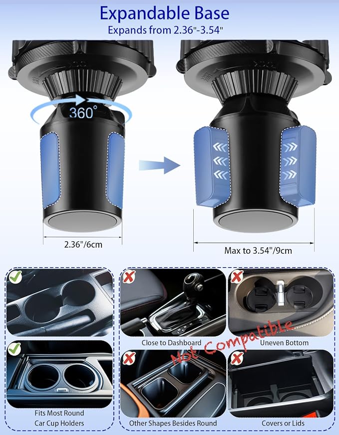 Car Cup Holder Tray - 4 in 1 Car Cup Holder Expander with Metal Cupholder, Adjustable Food Tray and Phone Mount for All Purpose, Automotive Essentials for Driver and Front Passenger