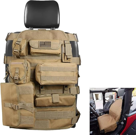 SUNPIE Upgrade Larger Seat Protector Universal Fit Tactical Seat Cover for Trucks Pickup SUV, Compatible with JL/JT, JK, TJ, Compatible with F150 Multi Pockets Molle Seat Back Organizer-Beige