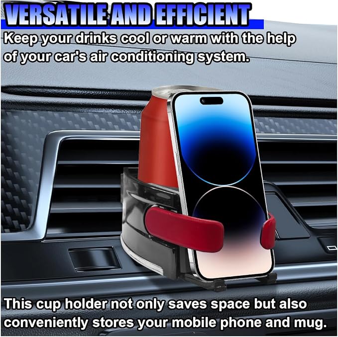 Car Air Vent Cup Holder, 2-in-1 Adjustable Cup & Phone Mount for Vehicle, Multifunctional Cars Ashtray Holders, Universal Auto Drink Bracket for Water Bottle (Red)