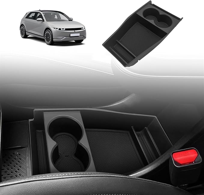 BestEvMod for Ioniq5 Lower Center Console Organizer Cup Holder Tray Storage Box Accessories with Rubber Black Trim Compatible with Hyundai Ioniq 5 2022-2024 Accessories (Lower Tray-Cup Holder Style)