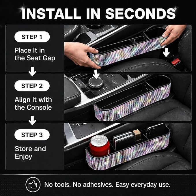 Bling Bling Car Seat Organizer Front Seat Gap Filler with Crystal Rhinestones Diamond, PU Leather Car Seat Console Storage Organizer for Car Accessories (Colorful)