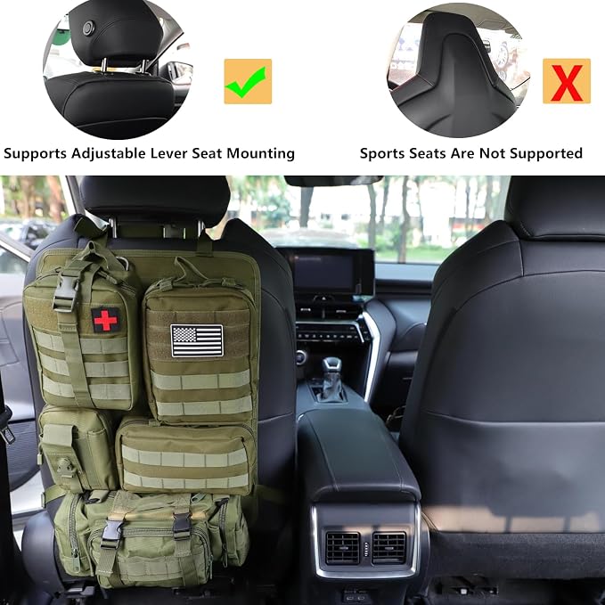 tactical car seat back organizer and storage truck seat covers with a Molle Vehicle Panel and 5 Different Size Molle Pouches for most models such as Jeep,SUV,Pickup (Army green)