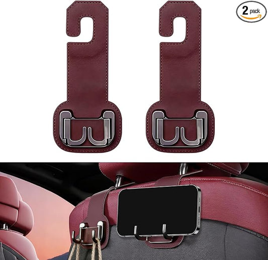 2 Packs Headrest Hooks for Car, Hidden Twinhook Leather & Metal Car Purse Holders, Universal for BMW X5 X3 X1 X7 Accessories, Seat Back Storage Organizer Hanger for Purse Bag Phones(Red)